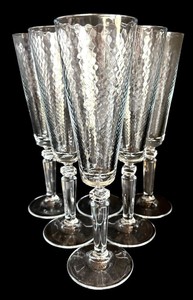 EA - Set of 6 Vintage Crystal Champagne Flutes - Elegant Honeycomb Cut Pattern Stemware