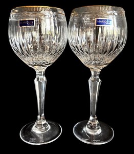 BP - Pair of Marquis by Waterford Crystal Hanover Gold Balloon Wine Glasses