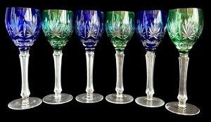 BP - Vintage Cut-to-Clear Stemware - Bohemian Green & Cobalt (Lot of 6)