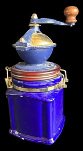 BP - Coffee Grinder - Vintage Hand-Crank Cobalt Blue Glass Jar