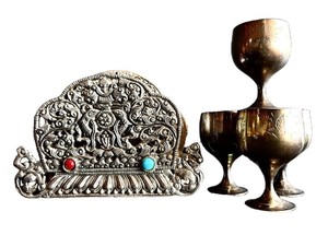 MT - Vintage Miniature Silver-Tone Goblets & Coaster Holder Mixed Lot - 4 Goblets