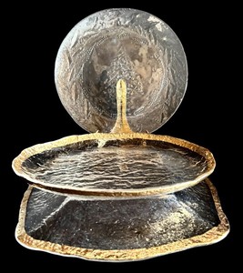 M - Glass Platters With Gold Rims & Christmas Tree Platter (Lot of 3)