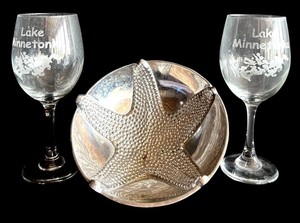 MT - Silver-Tone Mariposa Starfish Bowl & Lake Minnetonka Wine Glasses