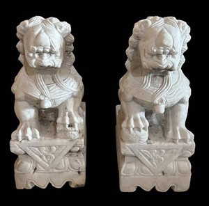 EA - Two Chinese Guardian Lion Marble Sculptures