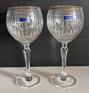 BP - Two Marquis by Waterford Hanover Gold Stairway Crystal Wine Glasses