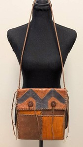 Vtg 1970s Authentic CHAR Mexico Handcrafted Patchwork Leather Whipstitch Crossbody Bag Boho Hippie