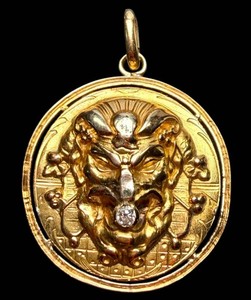 Antique Art Nouveau 18K Gold Mascaron Pendant with Old European Cut Diamond Accent