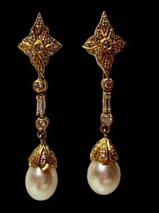 BJC Samuel B. 18K Yellow Gold Diamond Accent Teardrop Pearl Dangle Drop Earrings