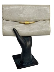 Vintage RODO Italy Lizard-Embossed Cream Leather Clutch Bag Evening Purse Gold Hardware