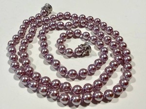 Vintage Nolan Miller Pale Purple Faux Pearl Necklace with Pav Rhinestone Barrel Clasp - 34 Glamour Collection Mauve Lavender Knotted Pearl Strand