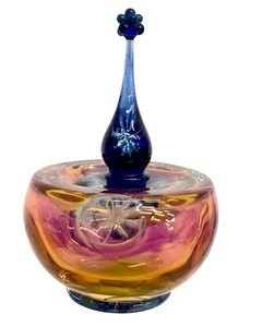 Art Glass Perfume Bottle - Handblown Multicolor With Blue Stopper