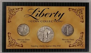90% Silver Standing Liberty Quarter & Mercury Dime 3-Coin Set