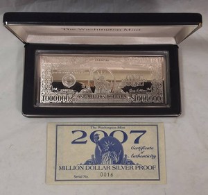 2007 Washington Mint Million Dollar Silver Proof  4 Troy Oz .999 Fine Silver  Serial No. 0016