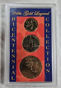 1776-1976 Bicentennial U.S. Coin Set  24KT Gold Layered Eisenhower Dollar, Kennedy Half & Washington Quarter