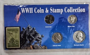 WWII Coin & Stamp Collection  1943 Steel Cent, 1943 Mercury Dime, 1945 War Nickel, Silver Washington Quarter & Iwo Jima Stamp