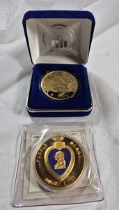 2-Piece Collector Medal Lot  1870 Liberty Head $20 COPY Tribute & Purple Heart Commemorative Medal w Box & Certificate