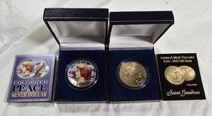1922 Colorized Peace Silver Dollar w COA  1933 Saint-Gaudens $20 Gold-Clad COPY Tribute Proof  2 Coin Collector Lot