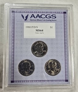 1980 Susan B. Anthony Dollar PDS Set  AACGS MS64 Holder