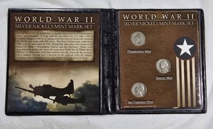 World War II Silver Nickels P-D-S Mint Mark Set  3 Coins, 35% Silver