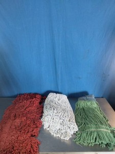 2 New commercial looped-end wet mop heads and 1 dust mop head
