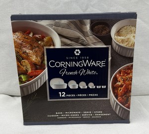Brand New Corning wear French white 11 piece set one of the lids on the large piece is broken so there is only 11 piece pieces