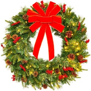 Brand New Pre-Lit Battery Powered Christmas Wreath w Lights, PVC Tips, Ribbon