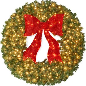 Brand New Pre-Lit Artificial Fir Christmas Wreath w Red Bow, LED Lights Green 24inch