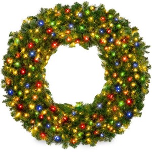 Brand New Pre-Lit Artificial Fir Christmas Wreath w Multicolor LED Lights, PVC Tips