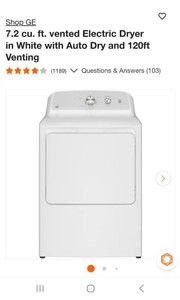 GE 7.2 cu. ft. vented Electric Dryer in White