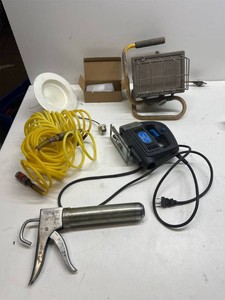Old work lamp, variable speed jigsaw, sealant gun, air hose, lamp and parts