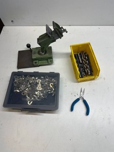 lot of tools 2 inch vise, drill bits, pliers, battery wire caps