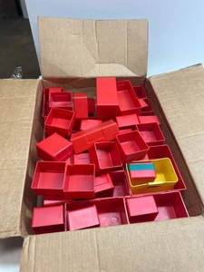 $200 Large Lot of Vestil Red Plastic Storage Bins   Industrial Parts & Hardware Bins