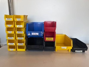 $120 Akro-Mils and some other brands Industrial Storage Bins   Assorted Lot   Yellow, Blue, Red & Black