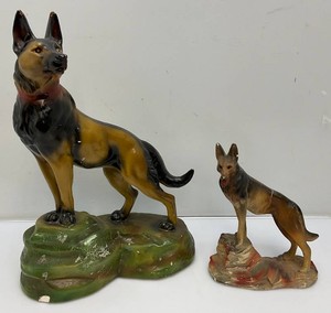 Two 1930s Chalkware German Shepards 11 Has Large Crack And 19 Is Good Condition Chips Present