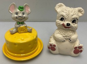 Two Vintage Collectible Ceramic Animals Including Mouse Cheese Dish And Bear Bank