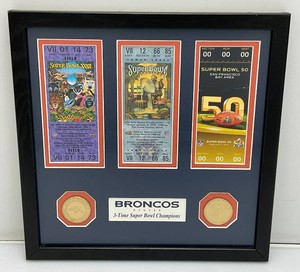 Framed Denver Broncos 3-Time Super Bowl Champions Superbowl Tickets And Coins 13 x 13