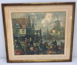 Antique 1910 Van Vreeland Art Print Dutch Flower Market Framed Behind Glass 27.5 x 31.5