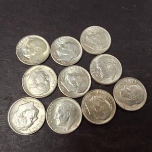 Nice Lot of (10) Bright and shiny Roosevelt 90% Dimes (1950s)