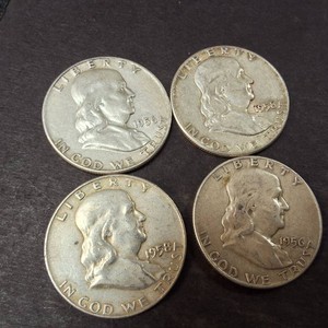 Lot of (4) Franklin Half Dollars  (2) x 1956  (2) x 1958 - 90% Silver