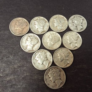 Triangle O  (10) Mercury 90% Silver Dimes (1940s)