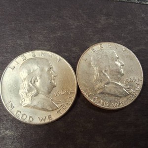 Lot of (2) Franklin Half Dollars - both 1963 - 90% Silver - Bright