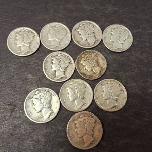 Vintage  (10) Mercury 90% Silver Dimes 10% Copper