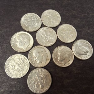 Bright Lot  (10) Total 90% Silver Roosevelt Dimes
