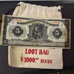 Vintage  Cinco Peso Note and Bank of Las Vegas Loot Bag