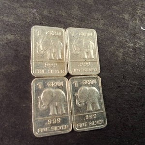 Massive Lot of (4) 1 gram bars of .999 fine (pure) silver Elephants