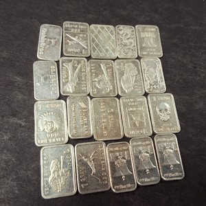 MegaLot of (20) 1 gram bars of .999 fine (pure) silver  Dragon, Skull,Bells & lots more