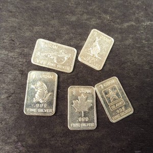 Lot of (5) .999 Fine Silver 1 gram each.  Gun Rounds Gator and Maple leaf