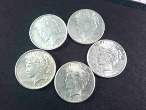 MegaLot of (5) Bright Series 1922-26 USA Peace Silver Dollars -  Vintage 90% Silver Coins