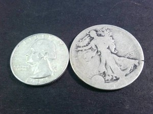 Interesting Lot of (2) silver coins 1964 Washington Quarter and Walking Liberty Half