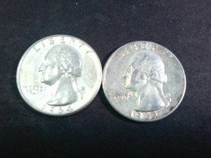 Lot of (2) silver coins Washington Quarters (90% Silver content) 64 is bright